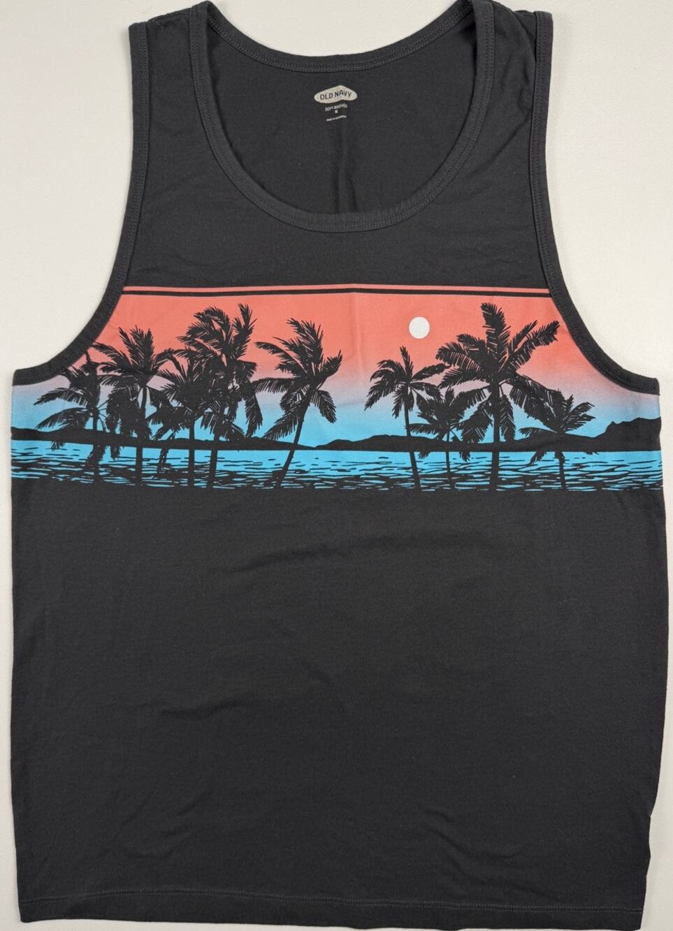 Old Navy Men's Medium Black Palm Tree Sunset Graphic Tank Top Beach Casual